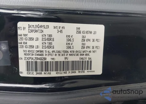 2005 Chrysler Town & Country Touring z USA, uszkodzony, nr VIN 2C4GP54L25R466280